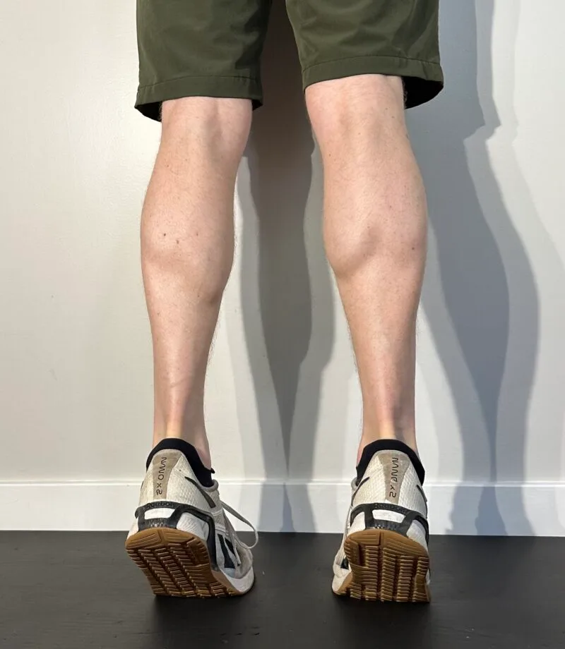 Demonstration of the heel raise and toe raise exercise to strengthen the calf muscle