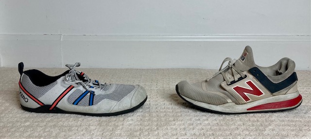 comparison between a minimalist shoe on the left and a standard sneaker on the right