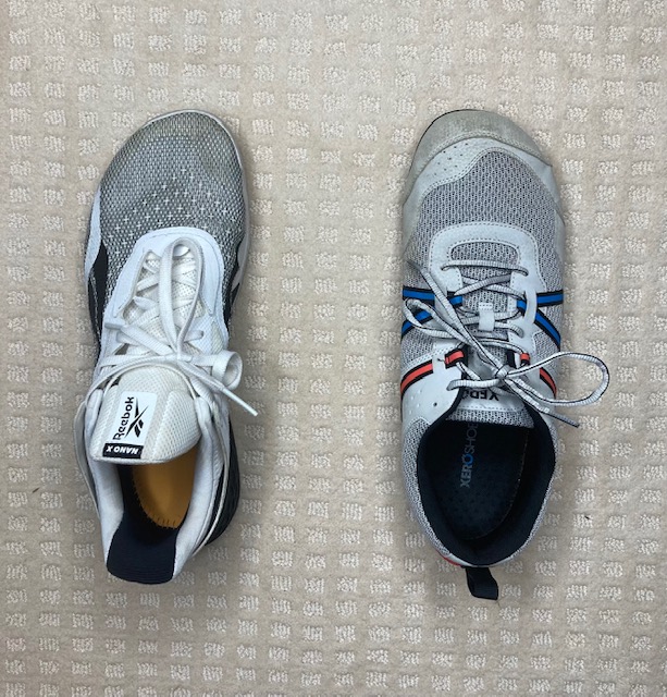 standard shoe with a standard toe box on the left compared to a minimalist shoe with a wide toe box on the right to reduce bunions