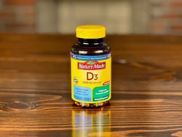 bottle of nature made vitamin D supplement to build bone density and strength